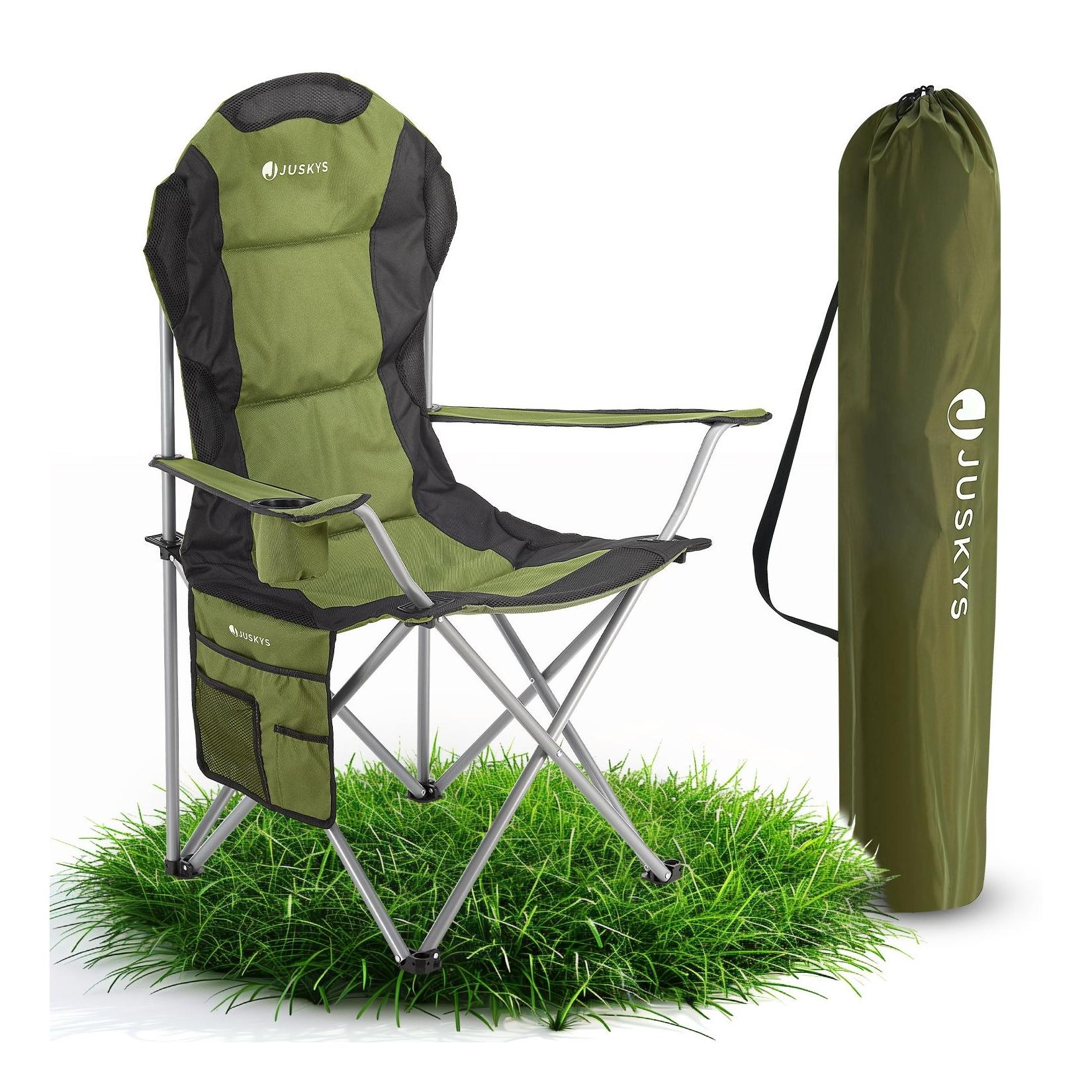 Juskys Campingstuhl Lido mit Getränkehalter & Tasche - Camping Klappstuhl gepolstert - Stuhl Grün