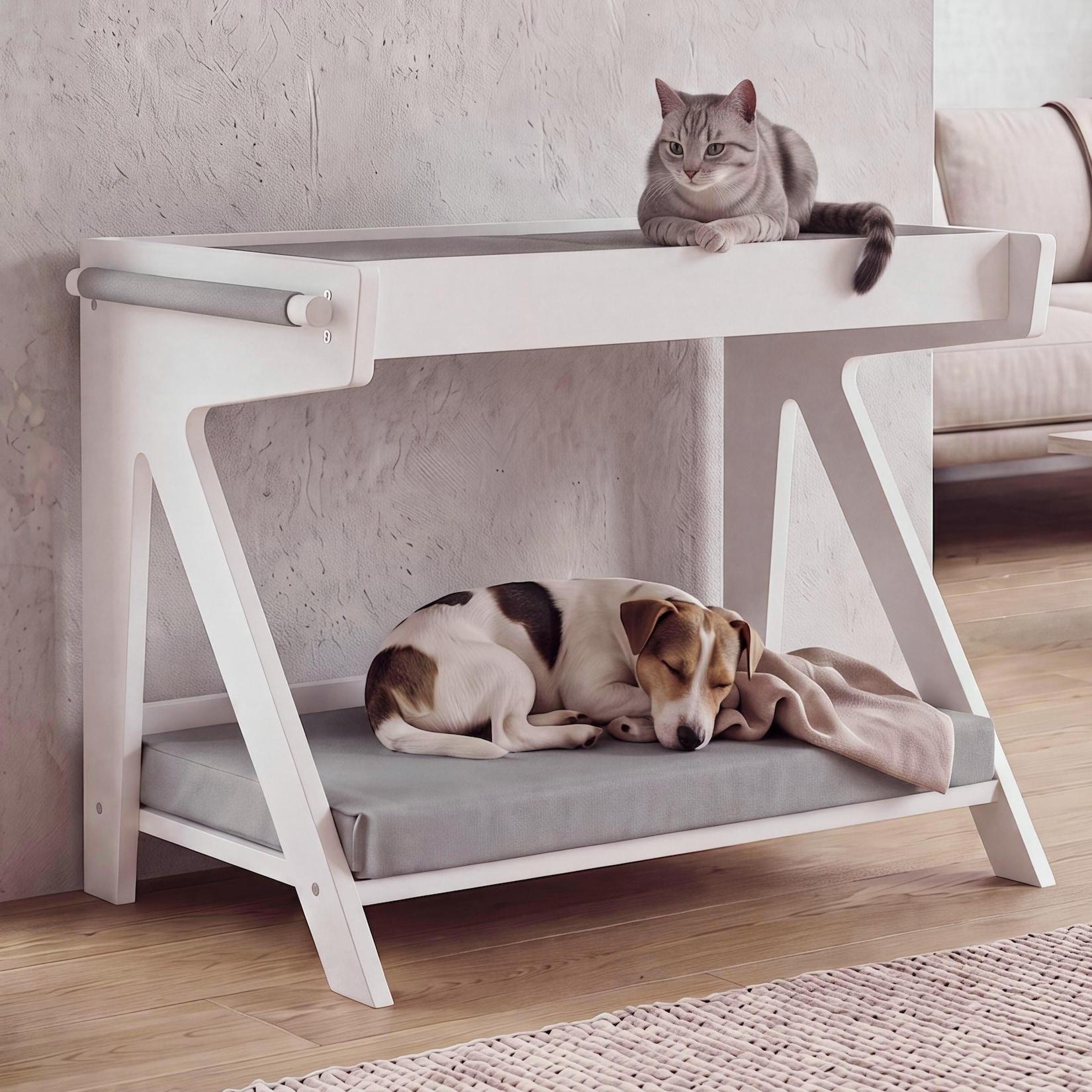 Tierbett MCW-Q63, für Haustiere Tierhaus Katzen-/Hundebett Haustierliege Holz MVG 45x61x38cm ~ weiß, Kissen grau