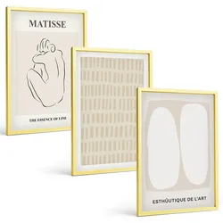 BILDER SET 3er Set - 40x60 cm Goldrahmen - Linien, Formen, Beige, Weiß