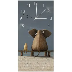 Wallario Uhr 30 x 30 cm, schwarze Zeiger Elefant und Hund sitzen auf einer Bank