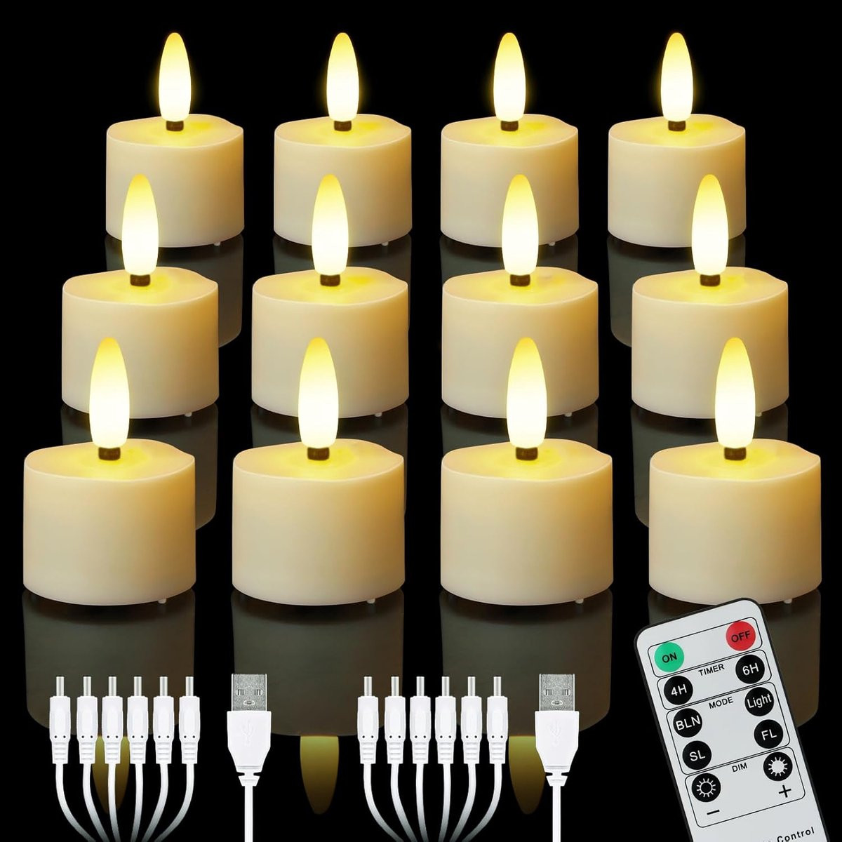 Set van 12 oplaadbare led-theelichtjes met afstandsbediening - Warm wit
