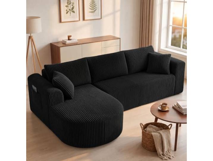 COMHOMA Ecksofa mit Schlaffunktion, 243cm Corduroy Modulares Boneless Couch mit Chaiselongue, L-Form Schlafsofa, Sektionssofas mit Kissen & Seitentaschen,Sofa für Wohnzimmer, Keine Montage, Schwarz