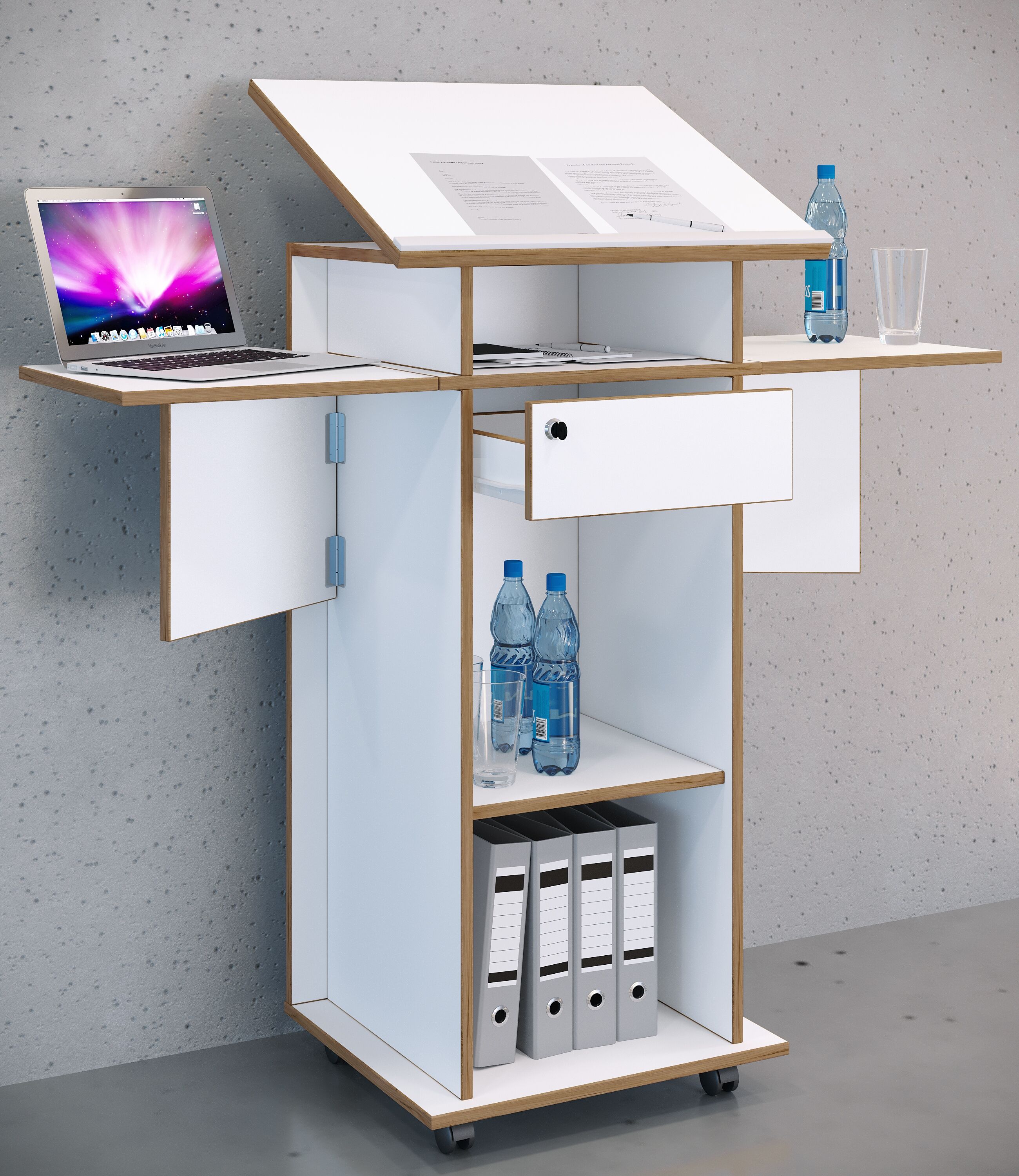 Bürowagen VCM "Holz Stehpult Rednerpult Stehtisch Rollen Salia", weiß, B:123cm T:50cm, Tische, Bürowagen
