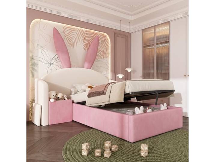 YAIXBNG Kinderbett 90x190 cm Samt Polsterbett, Hasenohren Kopfteil mit Stauraum & Nachttisch, Design-Jugendbett, Beige & Rosa (Ohne Matratze)