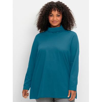 Rollkragenshirt SHEEGO "Rollkragenshirt", Damen, Gr. 52/54, blau (topas), 100% Baumwolle, unifarben, Shirts