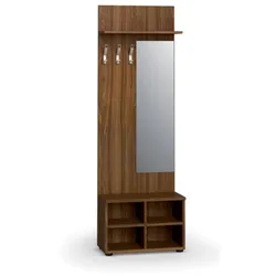 Garderobenwand PRIMO WOOD, Schuhregal + Spiegel, 3 Haken, Ablage, Holzstruktur vertikal, Nussbaum