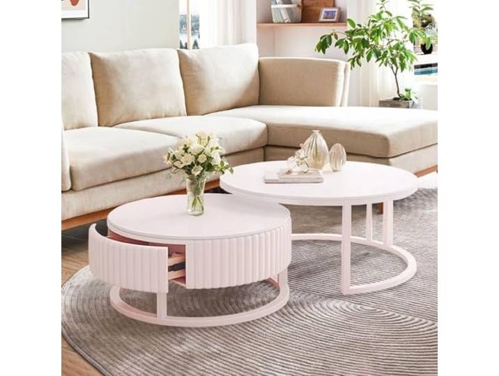 SeraphicCharm Rund Couchtisch Weiß 2er Set Runder Couchtisch Marmor Mit Stauraum Schublade Satztische Fürs Wohnzimmer 50+70cm Wohnzimmertisch Modern Ausziehbar Couchtisch Weiss Stabiler Metallrahmen