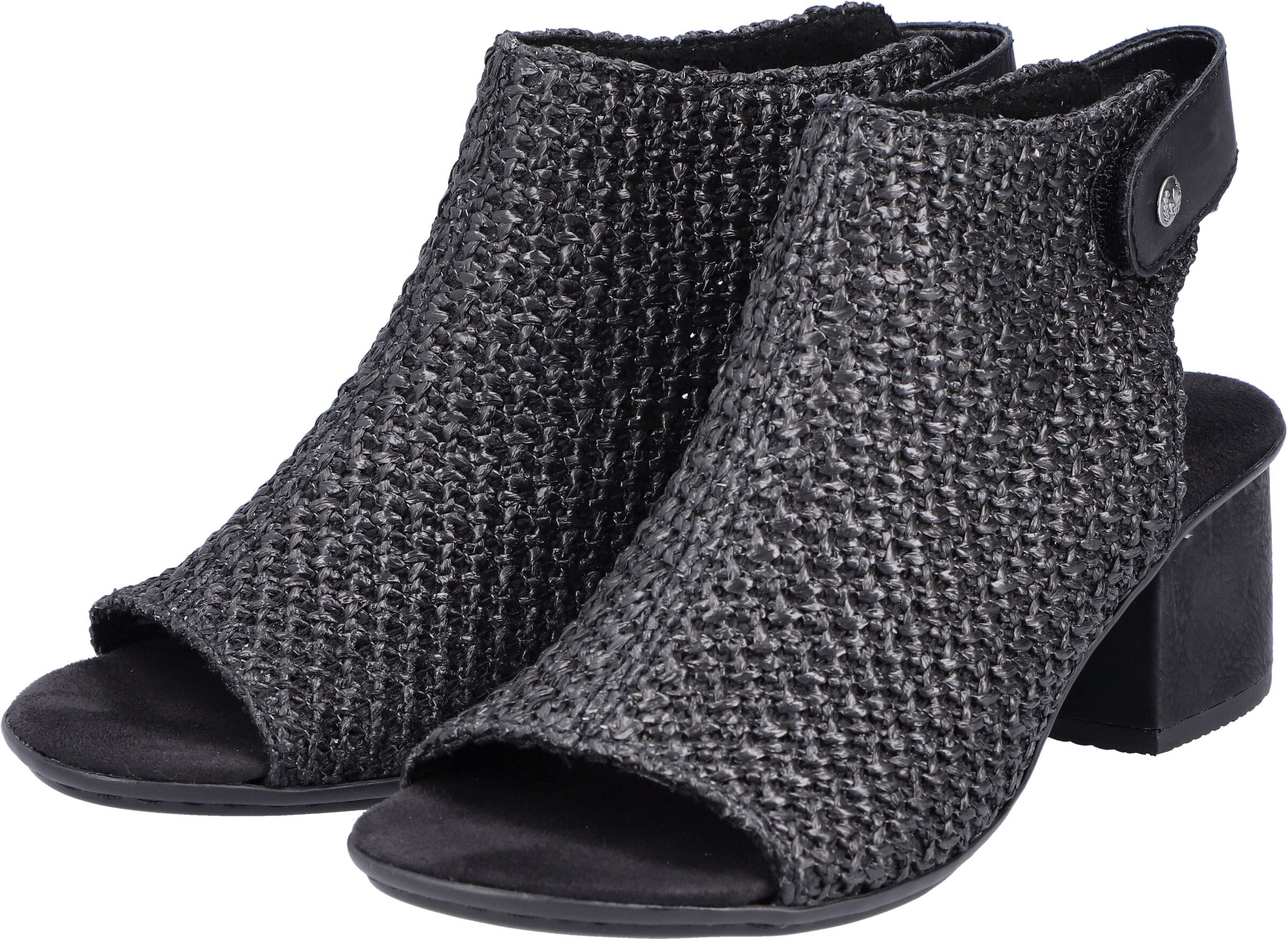 Sandalette RIEKER, Damen, Gr. 39, Textil, schwarz (schwarz, schwarz), Schuhe Sandalette, Sommerschuh, Sandalette, Blockabsatz, in modischer Flecht-Optik