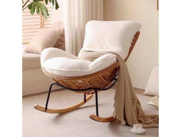 TINGMIAN Handgefertigter Rattan-Webstuhl, bequemer Lounge-Stuhl Bequemer Loungesessel aus PU-Leder, gepolstert, für Erwachsene, ideales Wohnzimmer oder Schlafzimmer, Weiß