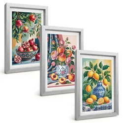 BILDER SET 3er Set - 20x30 cm Silberner Rahmen - Blumen und Früchte in Vasen