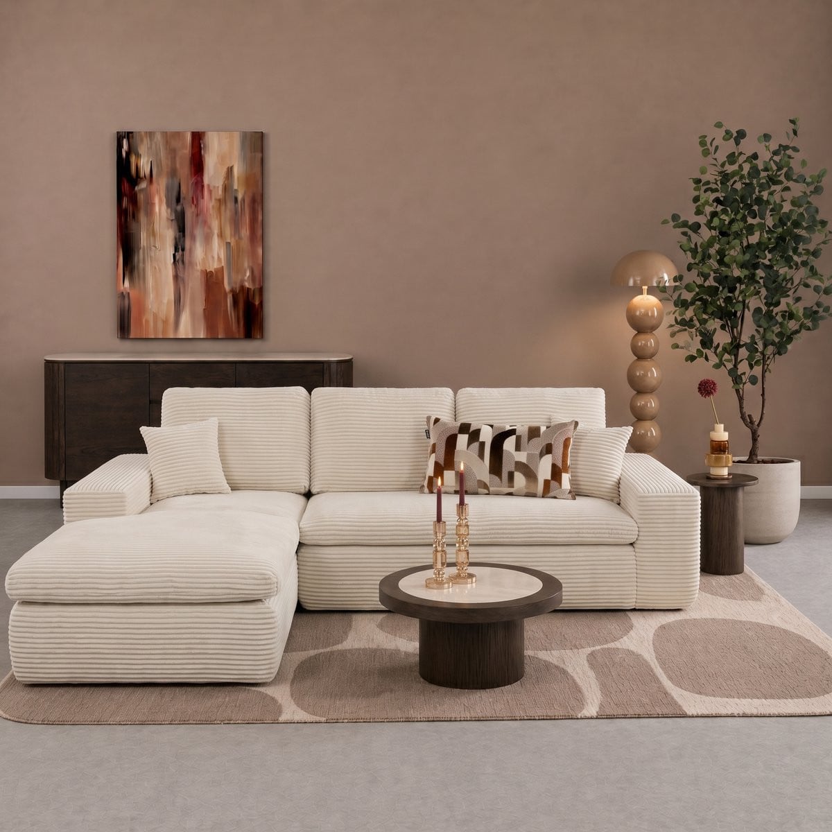 Lazy Hoekbank Velvet Ribstof Beige links