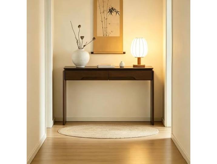 LEUBDIBR Massivholz‑Eingangstisch mit 2 Schubladen, moderner Konsolentisch Massiv‑Kautschukholz, zwei verdeckte Schubladen, 100 kg Tragfähigkeit, modern(Walnut)