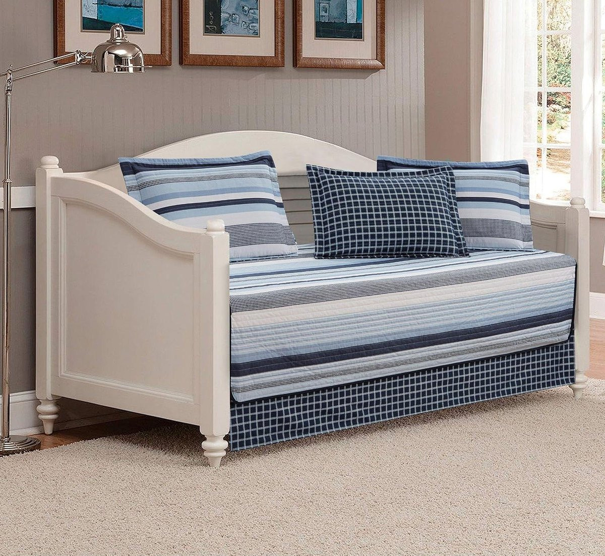 5-delig gewatteerd dagbed cover set marineblauw wit voor tieners