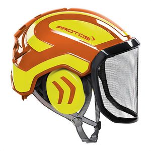 Protos Forsthelm Integral Arborist F39,orange-gelb, Gehörschutz & Metall-Visier, Größe 54-62