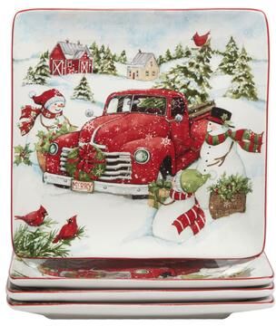 "Certified International Red Truck Snowman 10.25"" Dinner Plates, Set of 4"