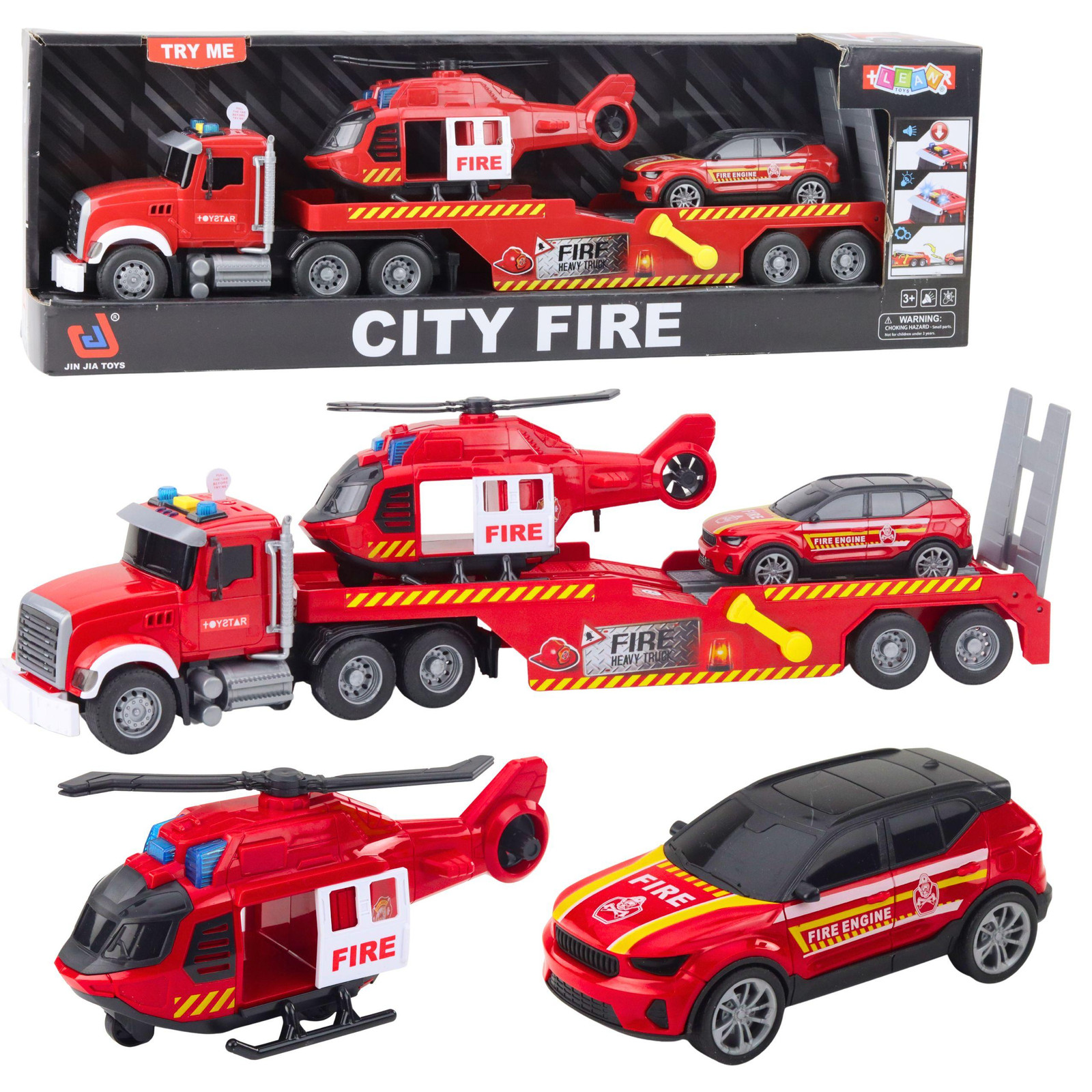 Lean Toys Brandweerwagen Sleepwagen Helikopter met rode autolichten