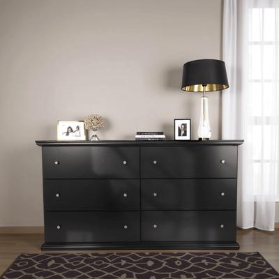 Benjara Boli 63 Inch Wide Dresser, 6 Storage Drawers, Modern Black Molded Trim