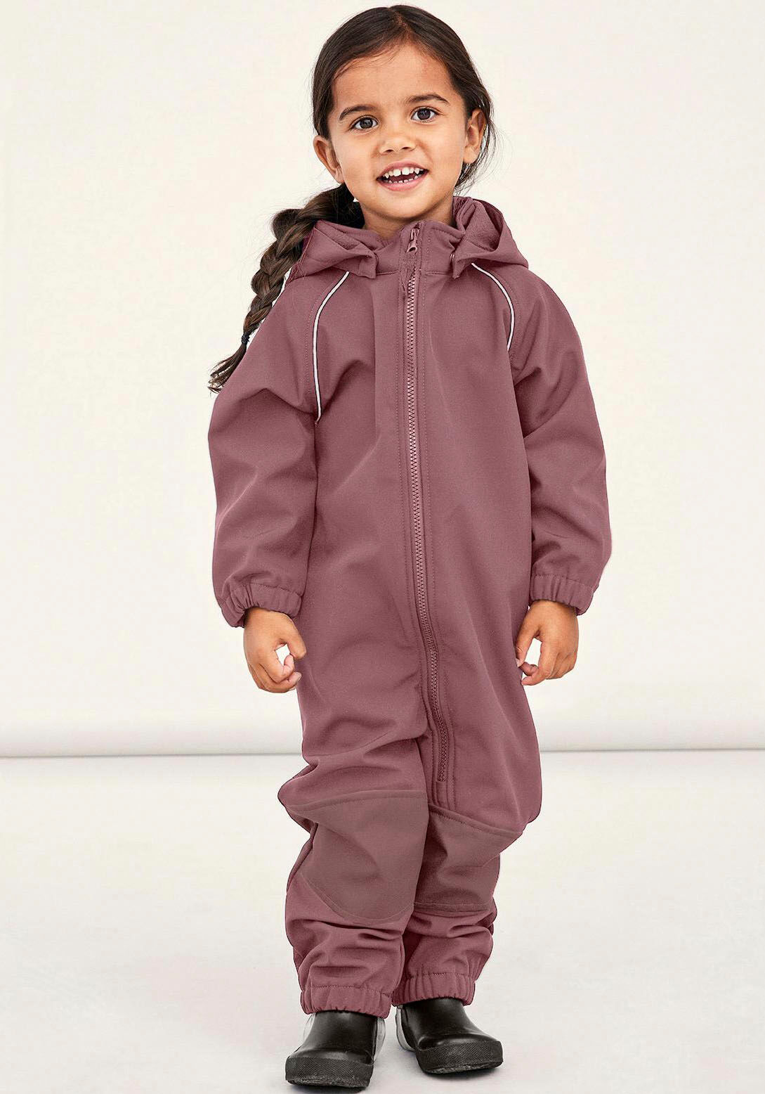 Softshelloverall NAME IT "NMNALFA SOFTSHELL SUIT SOLID FO NOOS", Mädchen, Gr. 92, N-Gr, rosa (wistful mauve), Softshell, Obermaterial: 94% Polyester, 6% Elasthan, unifarben, Overalls Softshelloverall wistful mauve 92, N-Gr