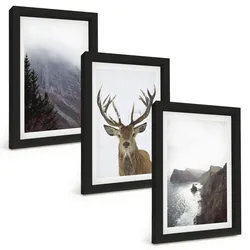 BILDER SET 3er Set - 20x30 cm Schwarzer Rahmen - Berglandschaft mit Hirschen
