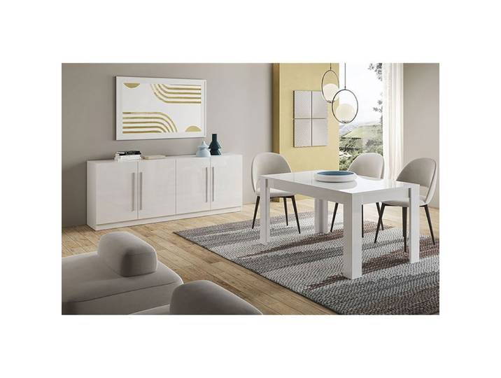 CLARK - Ensemble Séjour Laqué Blanc Table 190cm + Buffet 4 Portes