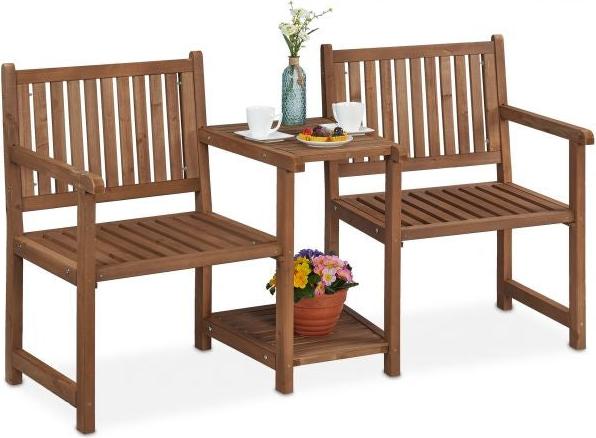 Wetterfeste Gartenbank 2-Sitzer aus Holz mit integriertem Tisch, Braun, 0,9 m Höhe