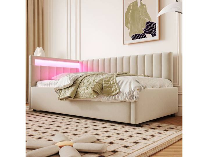 Lit rembourré canapé-lit - 90x200 - LED - Rangement hydraulique - Velours beige