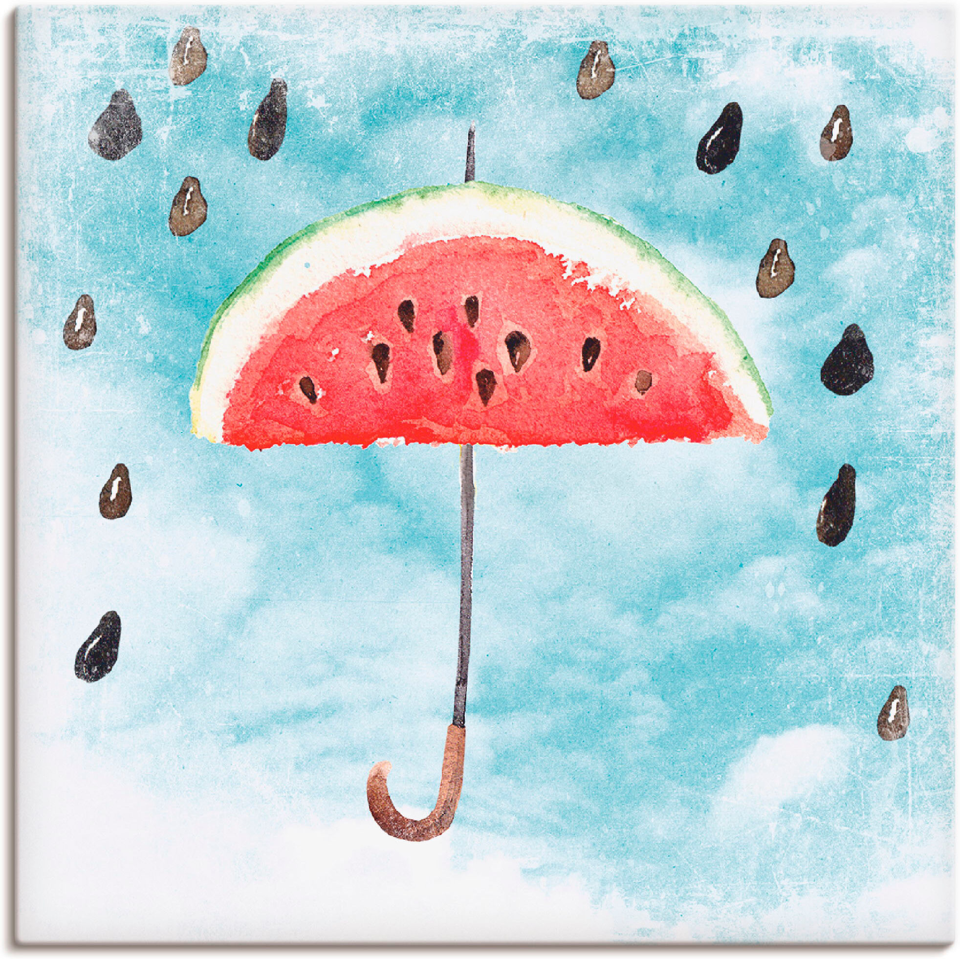 Leinwandbild ARTLAND "Sommer Melonen Regen", blau (farbe bild(er): blau), B:30cm H:30cm, Bilder, Leinwandbild, auf Holzrahmen gespannt farbe bild(er): blau B/H/T: 30cm x 30cm, Leinwandbild Lebensmittel, 1 Stk.