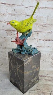 Bronzhaus Bronze Metal Colorful Yellow Finch Songbird Bird Sculpture Statue Figurine Marble Base