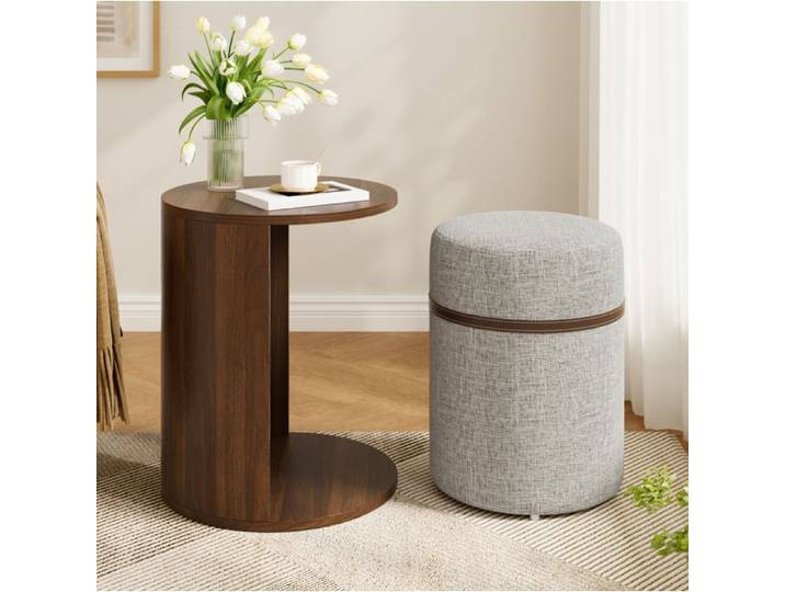 WOVREO Table d'appoint ronde avec tabouret escamotable MDF décor noyer 38 x 38 x 47 5 cm