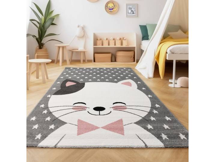Tapis enfant - Mufe - Chat pattern - Polypropylène - Rose Gris Blanc - 120x170 cm