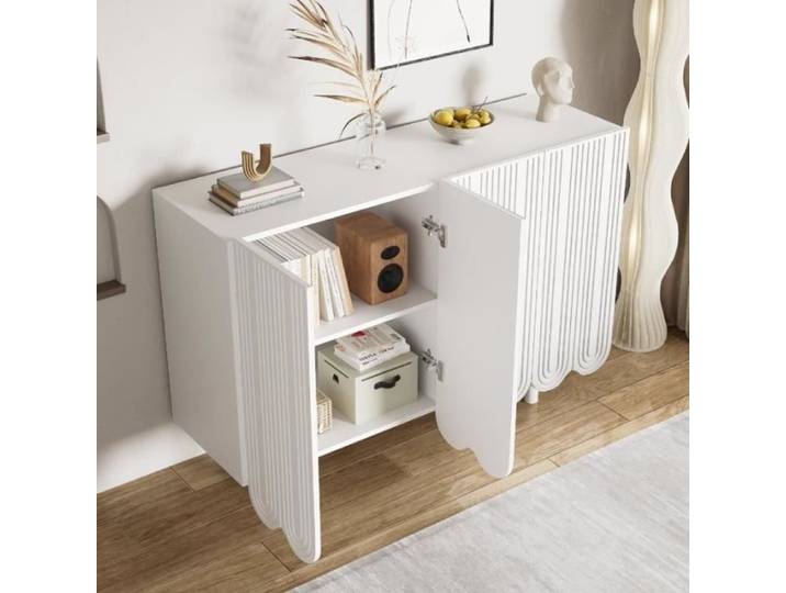 Buffet - 120 × 37 5 × 80 8 cm - 4 portes sculptées en forme de larme - Blanc - Charnières amorties
