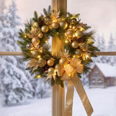 "24"" Pre-lit Nobel Gold Wreath by BrylaneHome in Gold"