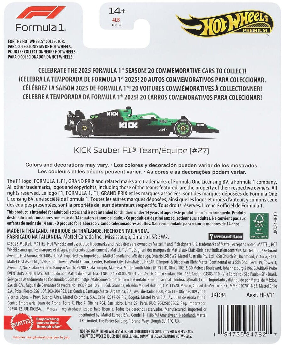Hot Wheels Premium F1 Limited Edition Sauber Nico Hulkenberg Collectible Car Replica - Mattel - 1:18 Scale Die-Cast Model