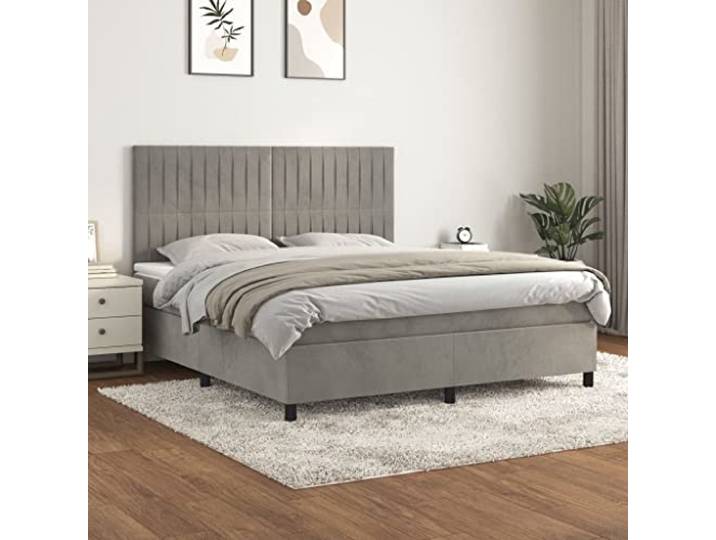 RJPLMFV Bettgestell, Velours, Hellgrau, 160 x 200 cm Verstellbarer Kopf, Matratze mit Taschenfedern, mittlere Unterstützung, weicher Matratzenschoner