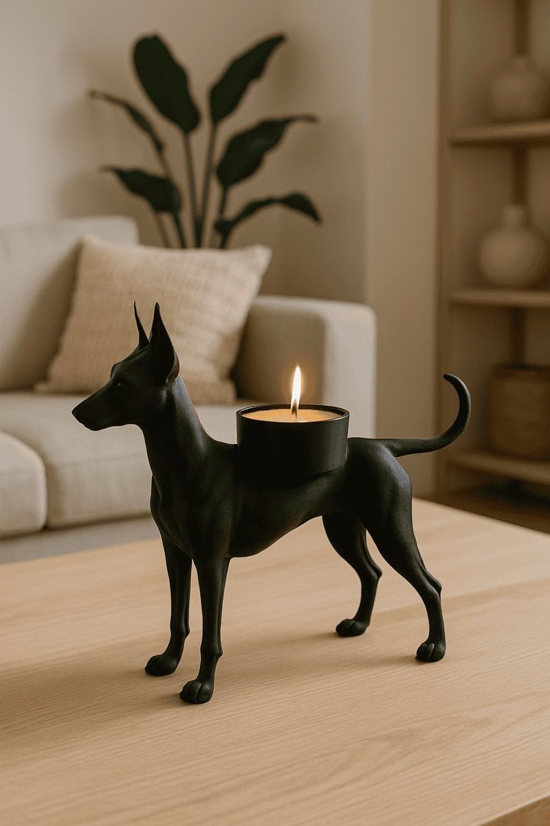 Doberman Waxinelichthouder – Unieke 3D Geprinte Kaarsenhouder voor Tealights – Zwart