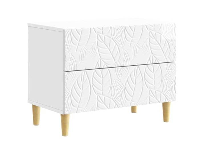 LMTYOENFG Nachttisch Hochglanz Weiß 2 Schubladen 62x34,5x48cm Zwei Auszüge bieten diskreten Stauraum im Schlafzimmer, während stabile Eukalyptusbeine verlässliche Standfestigkeit sichern.