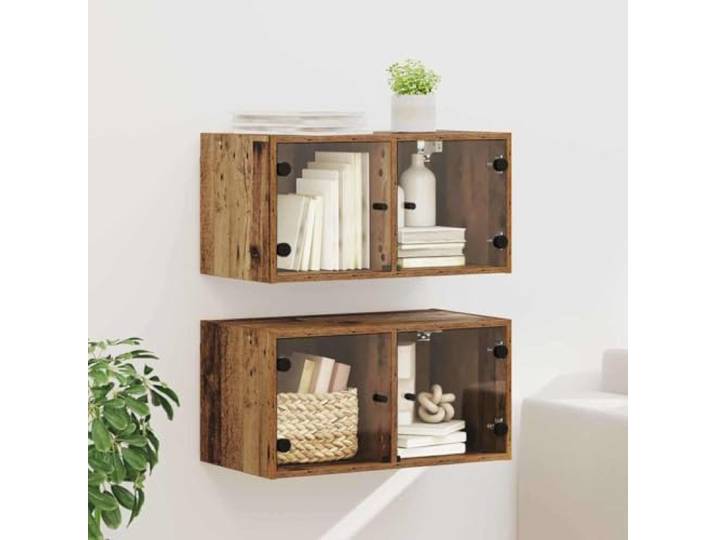 Wandschrank 2 Stk. 68x37x35 cm Holzwerkstoff Altholz Optik mit Glastueren Wandmontage, platzsparend, stabile Regale, pflegeleichte Oberfläche, transparente Türen, moderne Optik