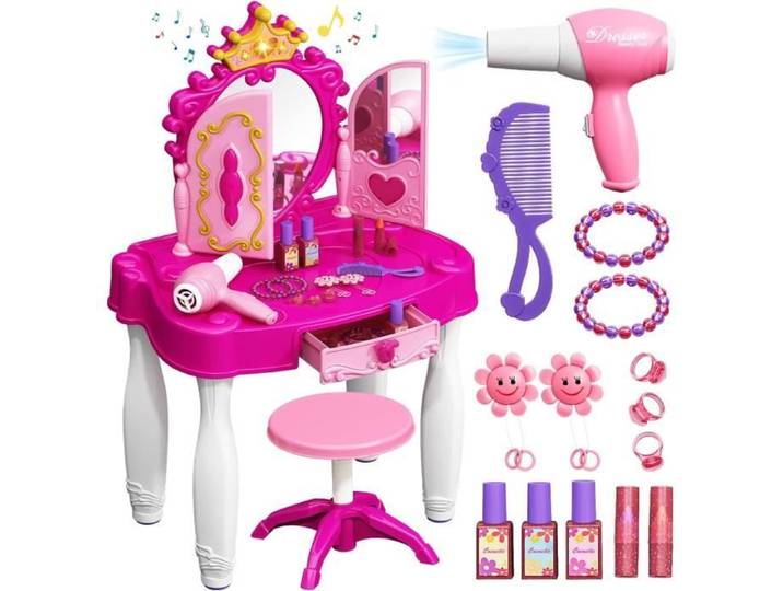 Coiffeuse Enfant - ZGEER - Table de Maquillage - Miroir Inclus - Accessoires - Rose Blanc