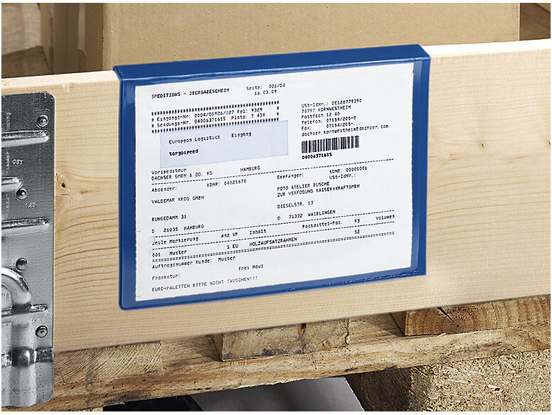kaiserkraft Beschriftungstaschen, VE 100 Stk, für Holzaufsatzrahmen, Papierformat DIN A5, blau