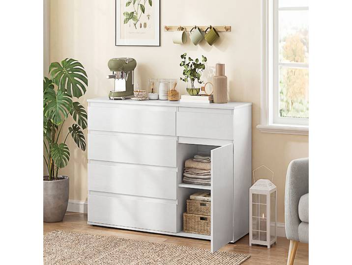 HOMCOM Buffet Salon Blanc 5 Tiroirs Étagère Réglable 100x40x80 cm