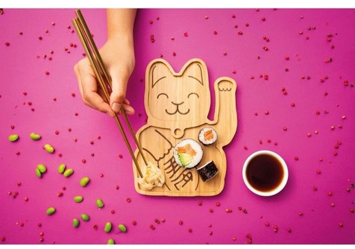 Bamboe Dienblad in Japanse Maneki Neko Kattenstijl - Schaal voor Snacks en Sieraden