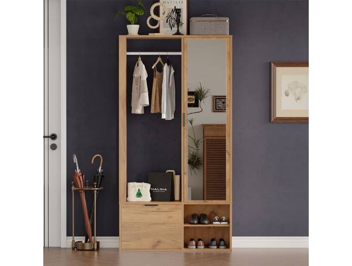 Porte-Manteau Meuble d'Entrée Vestiaire avec banc à chaussures avec miroir 100x33x190cm