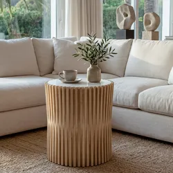 Beistelltisch HWC-N31, Couchtisch Kaffeetisch Loungetisch Blumentisch Nachttisch Tisch, Tanne Holz Ø51cm natur-weiß