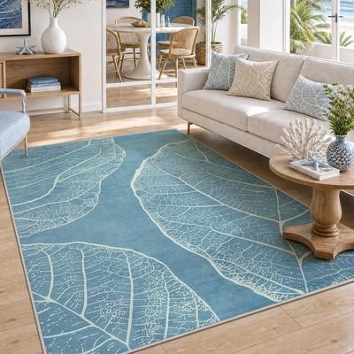 Bluebell Boho Leaf Print 5x7 Area Rugs for Living Room, Washable Soft Faux Cashmere - 5' x 7'