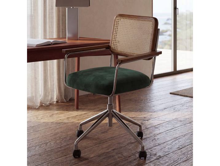 Chaise de bureau à roulettes verte et cannage en rotin