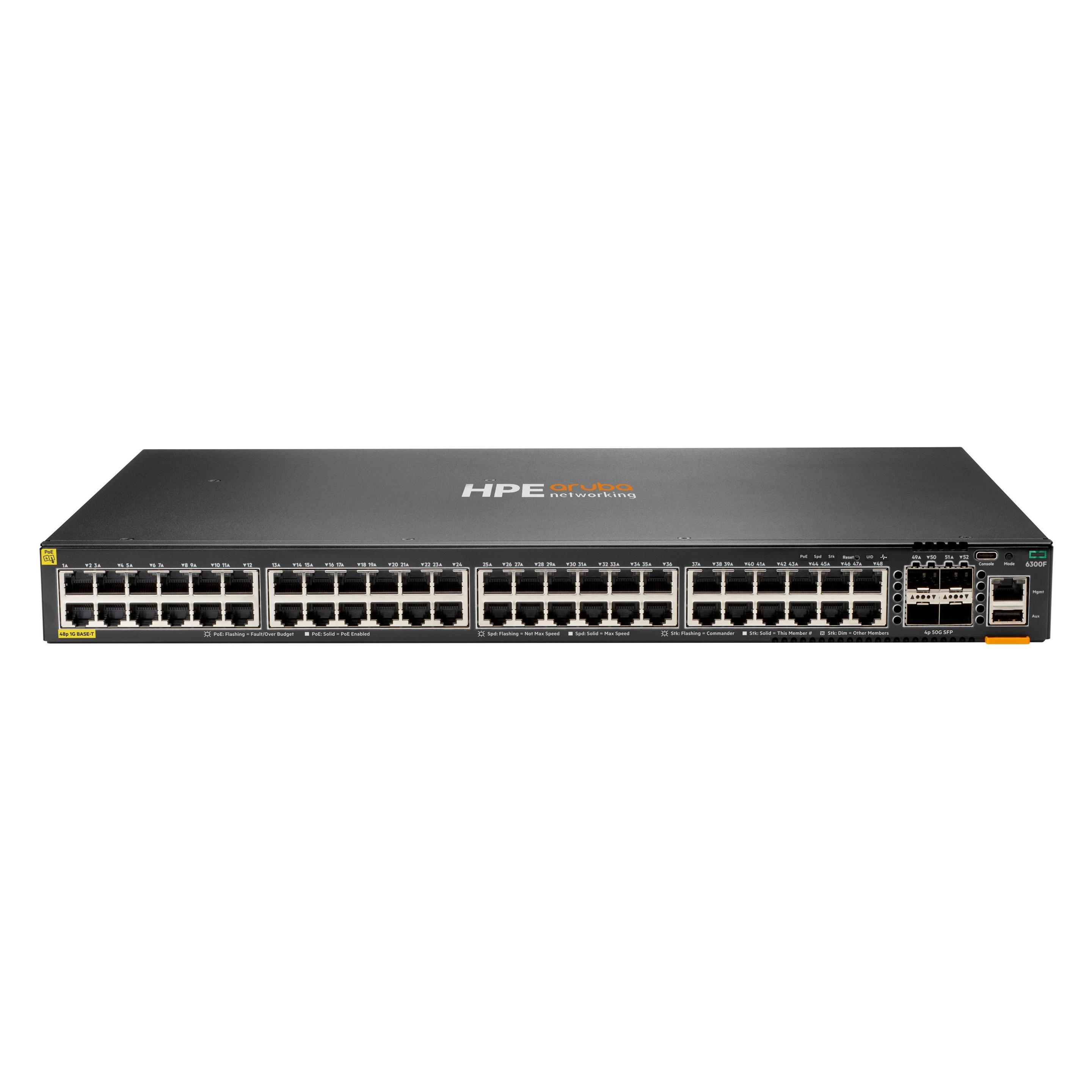 HPE Aruba 6300F 48-port 1GbE PoE & 4-port SFP56 Managed L3 Gigabit Ethernet (10/100/1000) Power over (48 Ports) (JL665A)