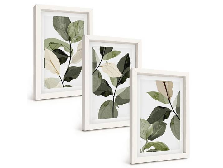 BILDER SET 3er Set - 20x30 cm Weißer Rahmen - Bemalte Boho-Pflanzenblätter