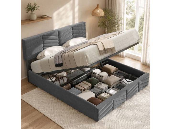 Lit coffre rembourré design tête de lit réglable capitonné FloraGrace 140x190 cm velours gris