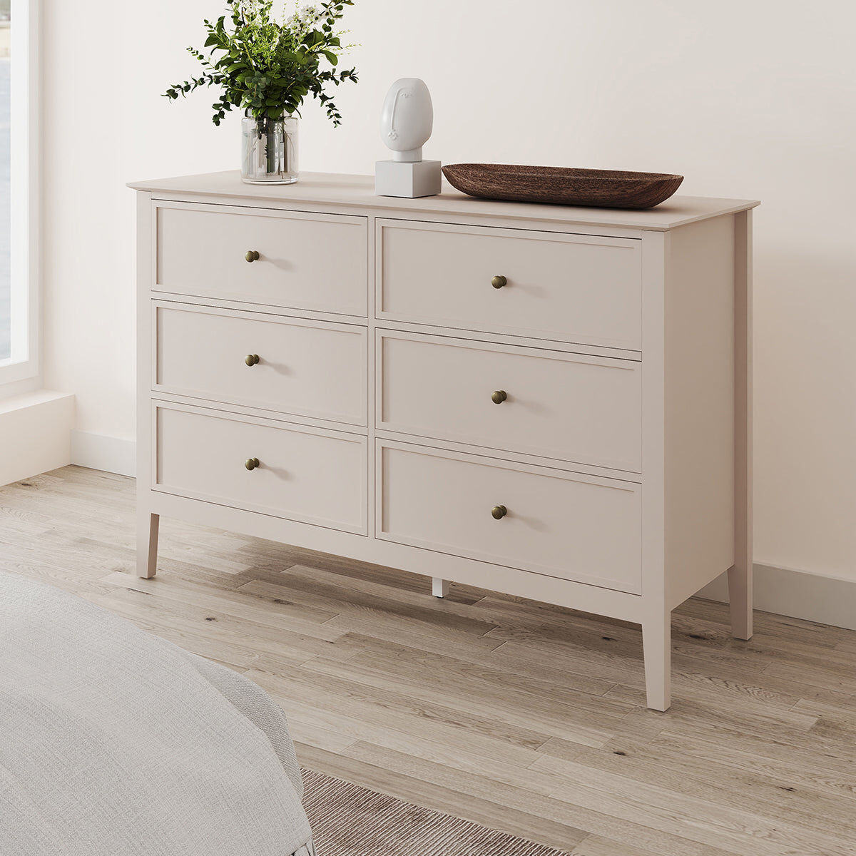 Large 6 Drawer Chest of Drawers - Rowley Pale Cream Range Coated MDF, Metal