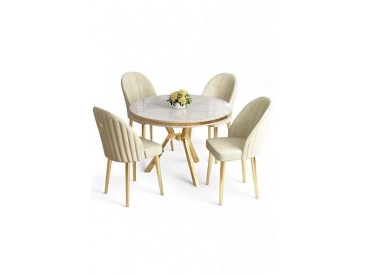 Hanah Home Elegant 5-Piece Dining Table & Chairs Set, White Marble & Gold, 100% Lacquer Panel, Metal Legs, Modern Design for Stylish Dining